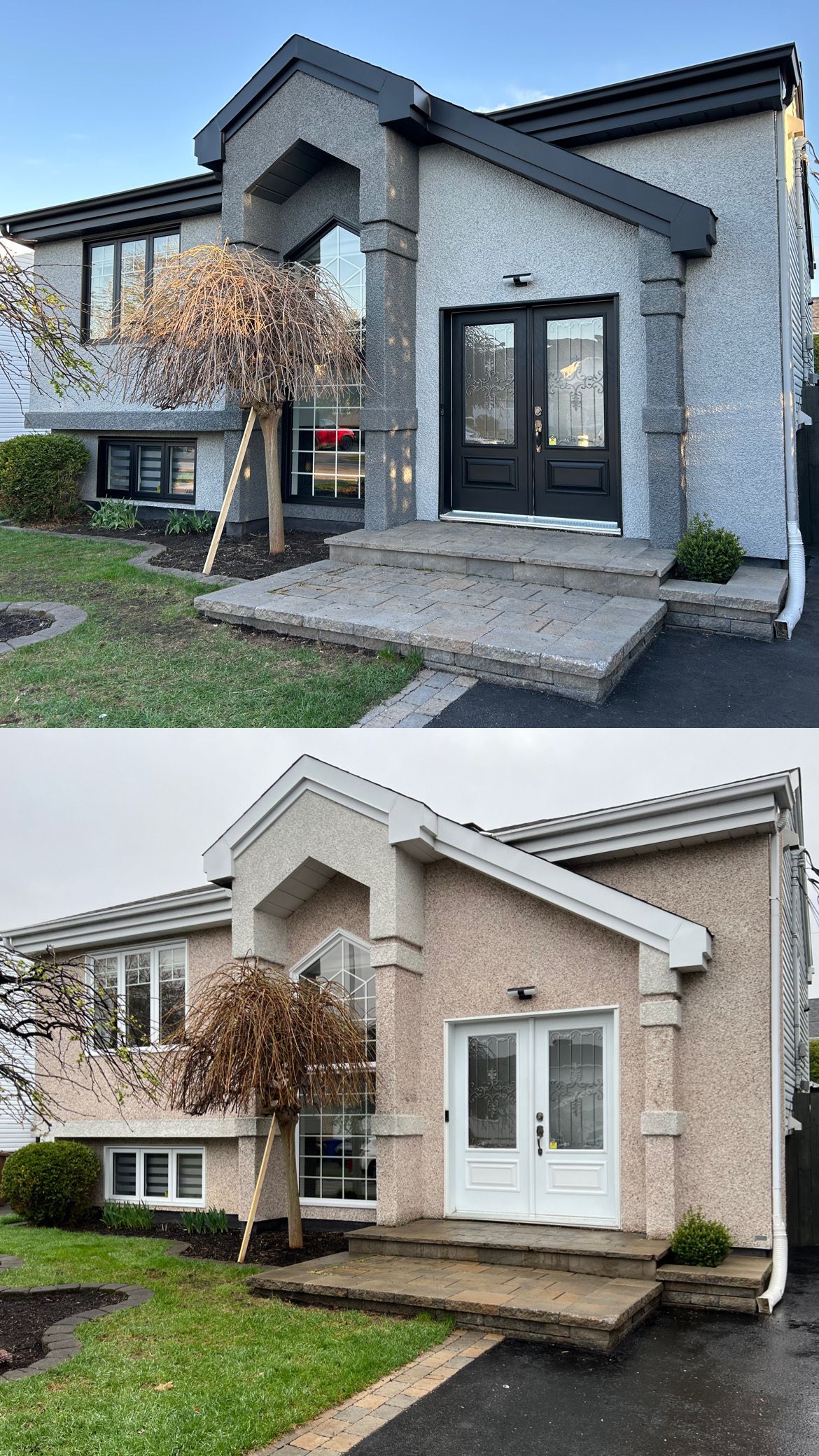 Il y a une photo avant et après d'une maison.