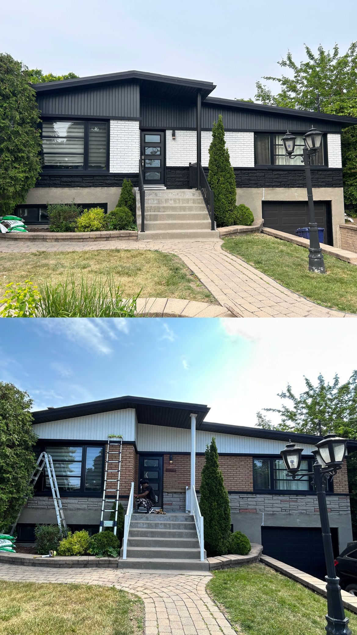 Une photo avant et après d'une maison qui a été peinte en noir et blanc.