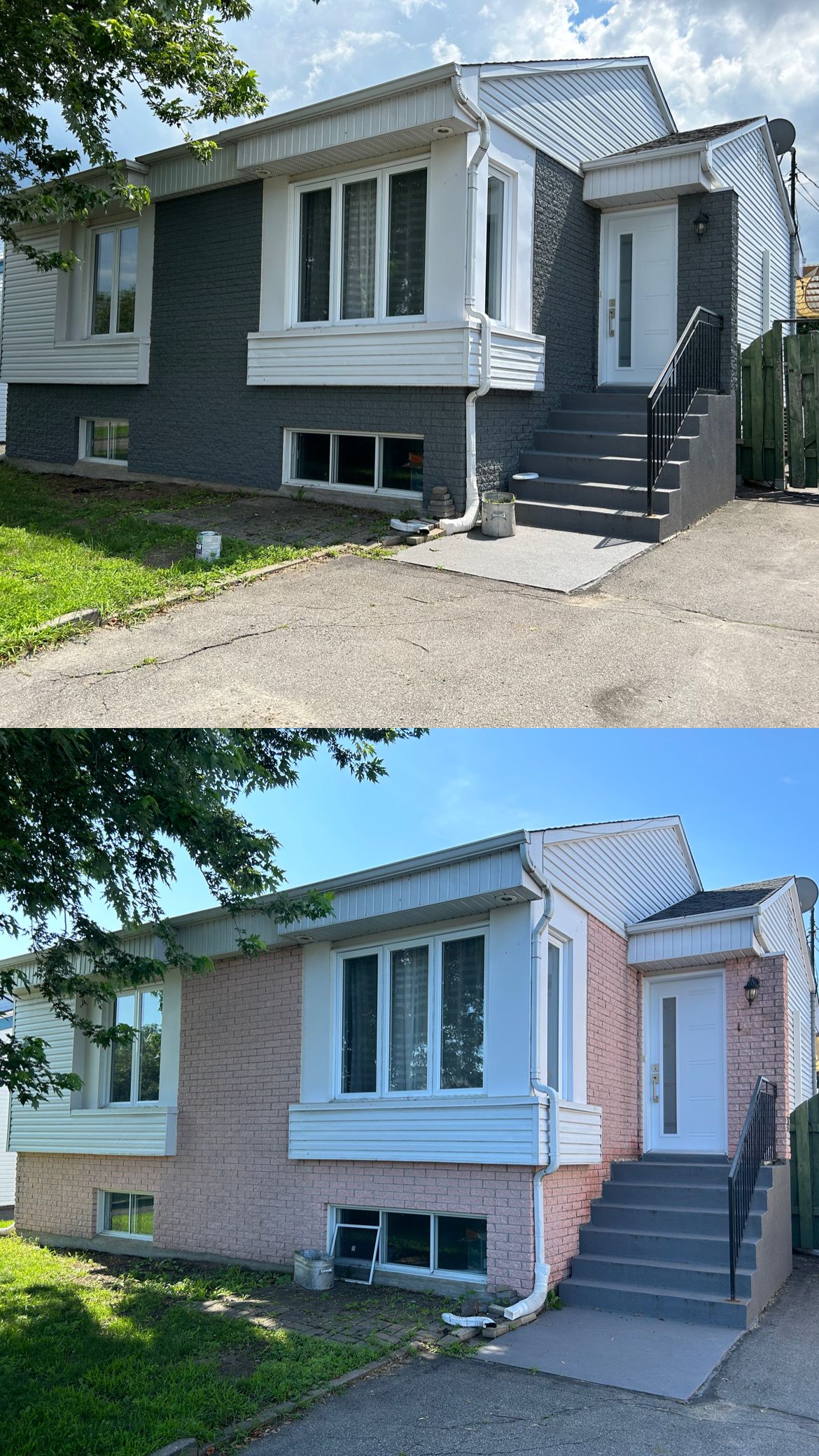 Une photo avant et après d'une maison qui a été peinte en blanc.