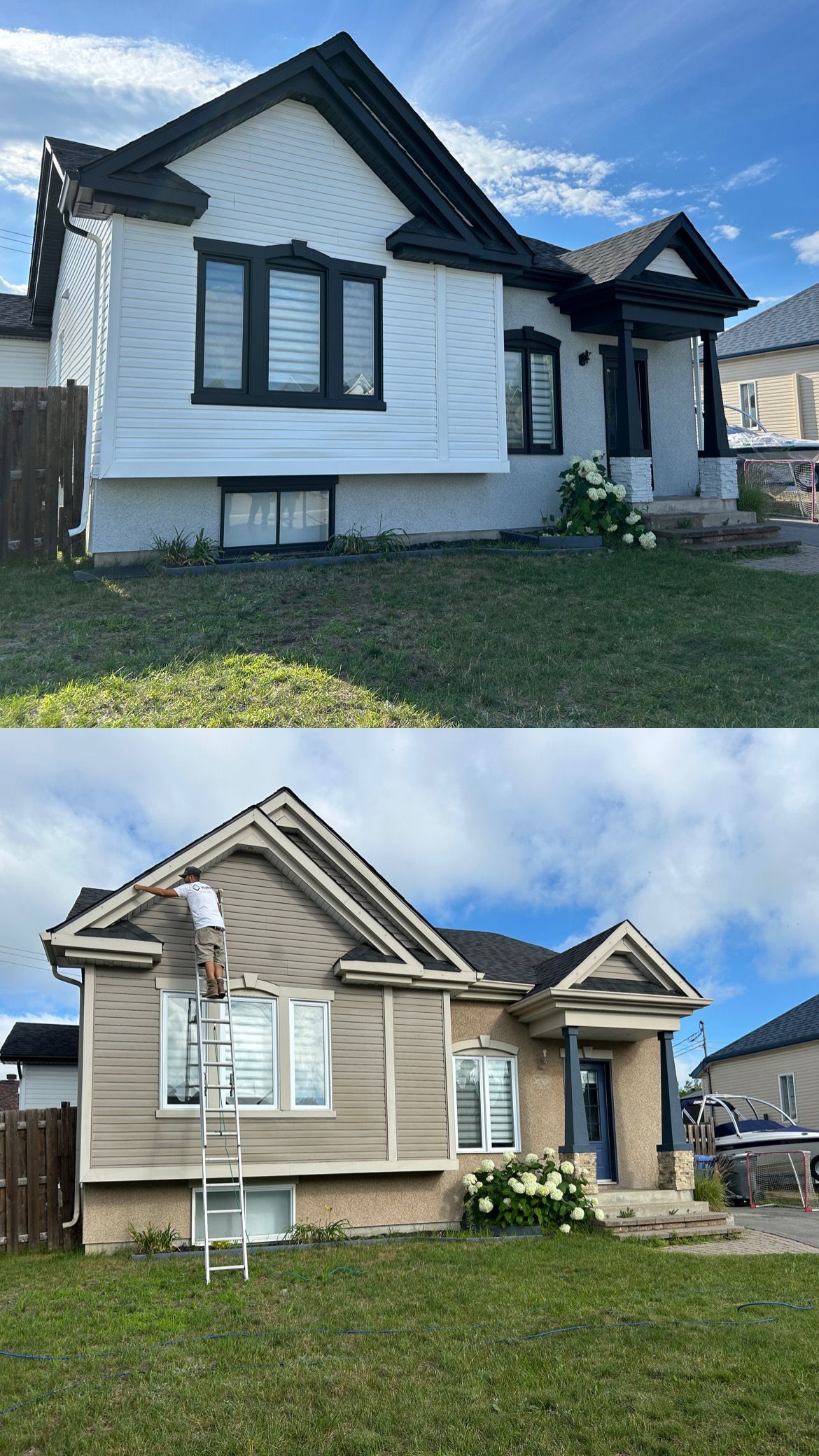 Une photo avant et après d'une maison en cours de peinture.