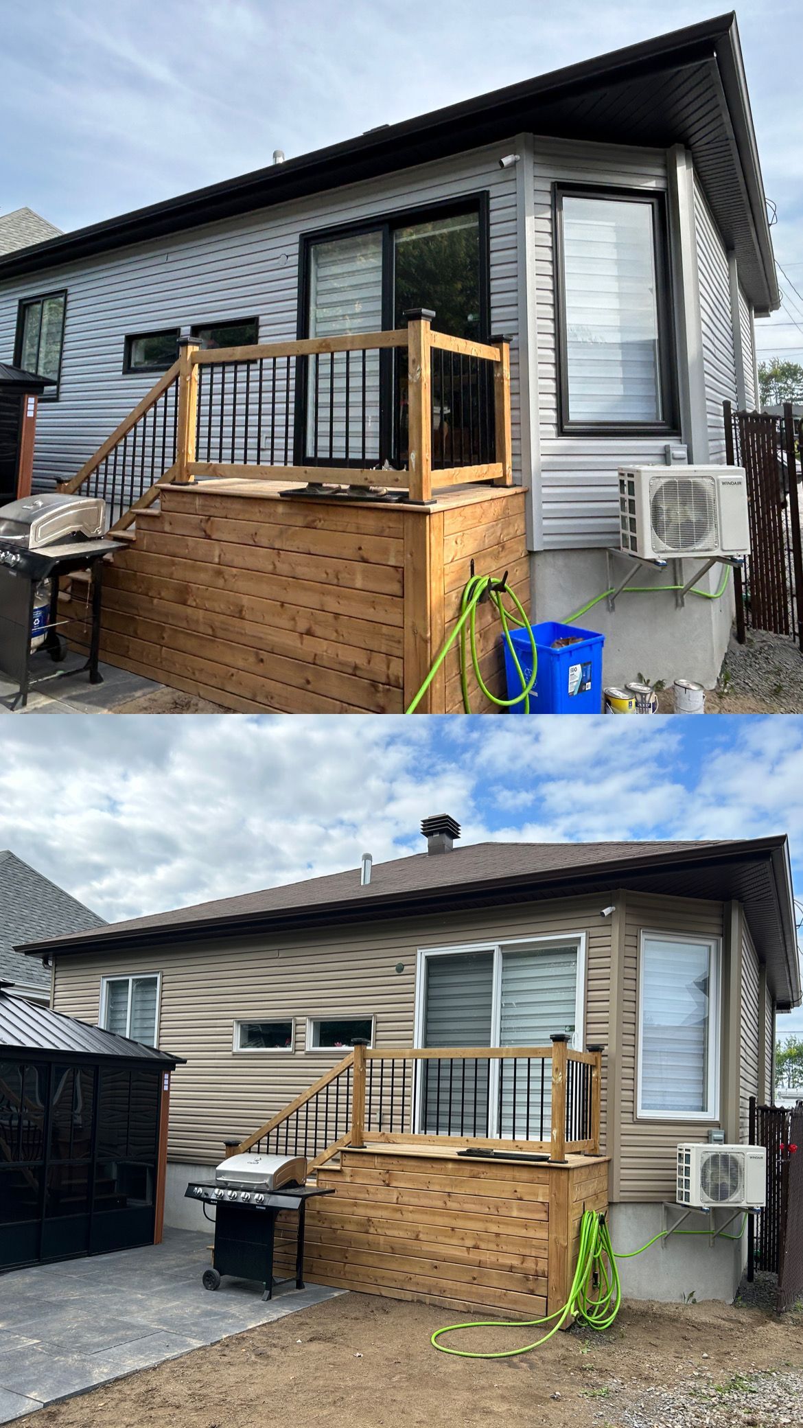 Une photo avant et après d'une maison avec une terrasse.