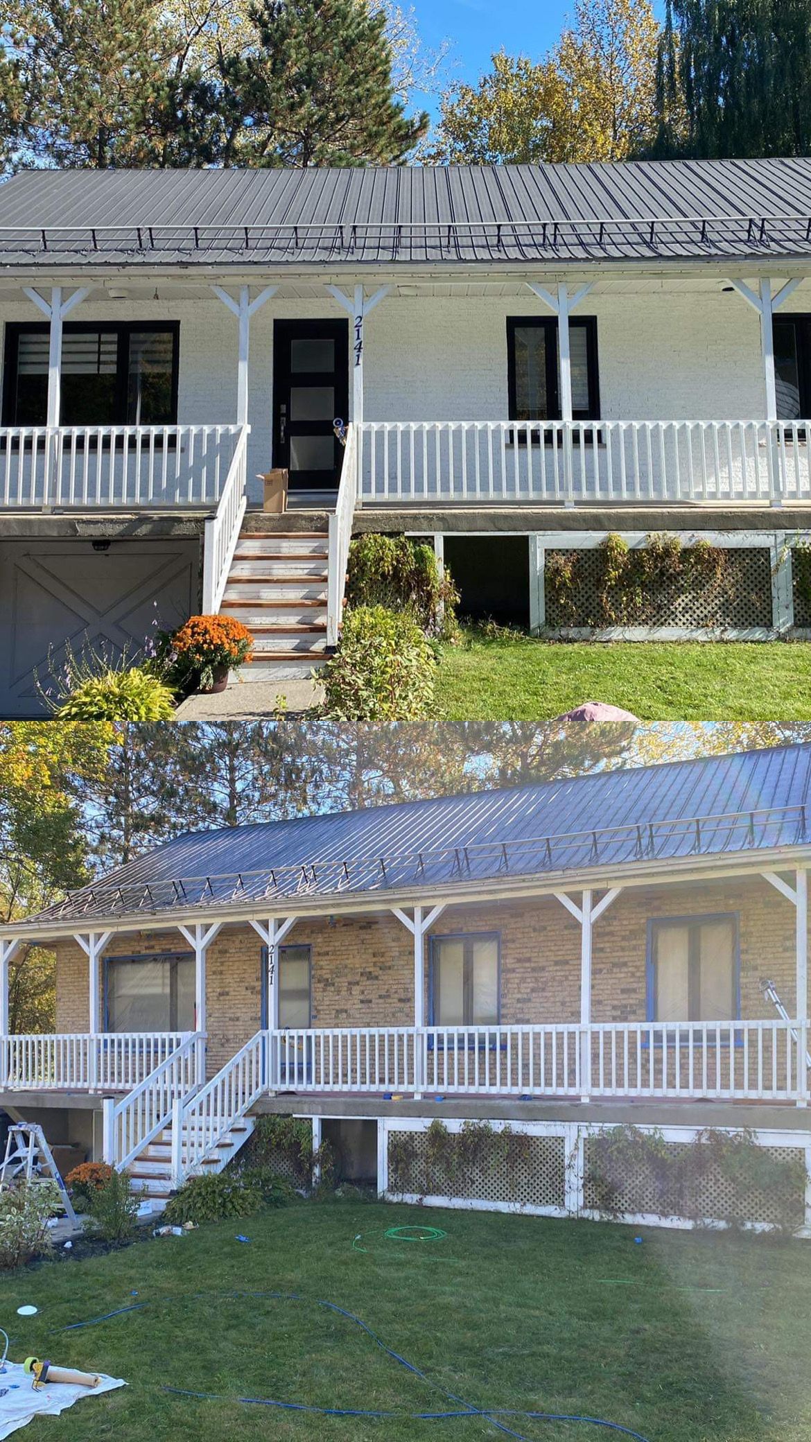 Une photo avant et après d'une maison avec un porche.