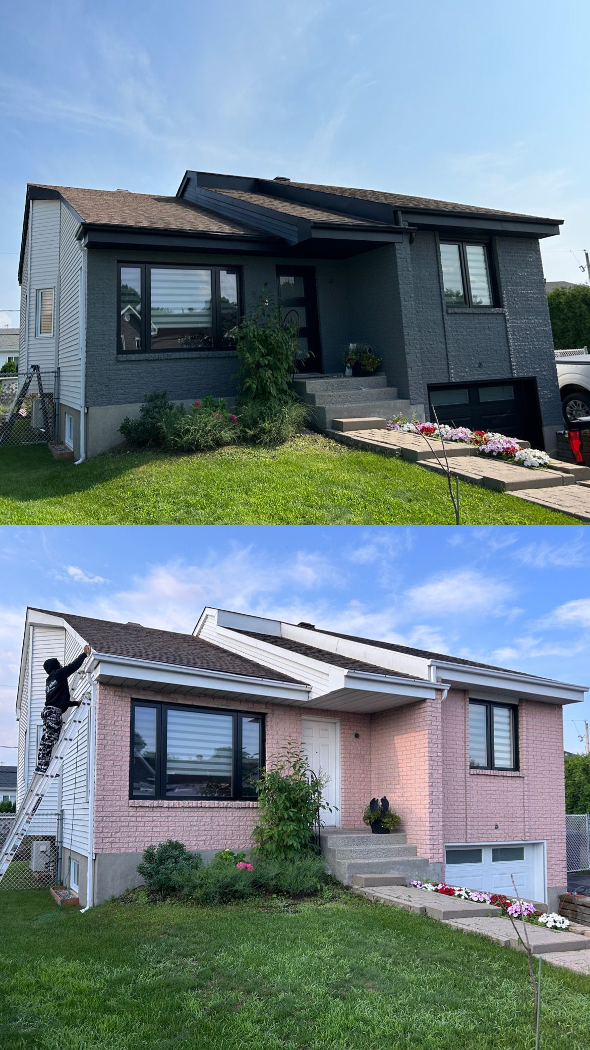Une photo avant et après d'une maison en cours de peinture.