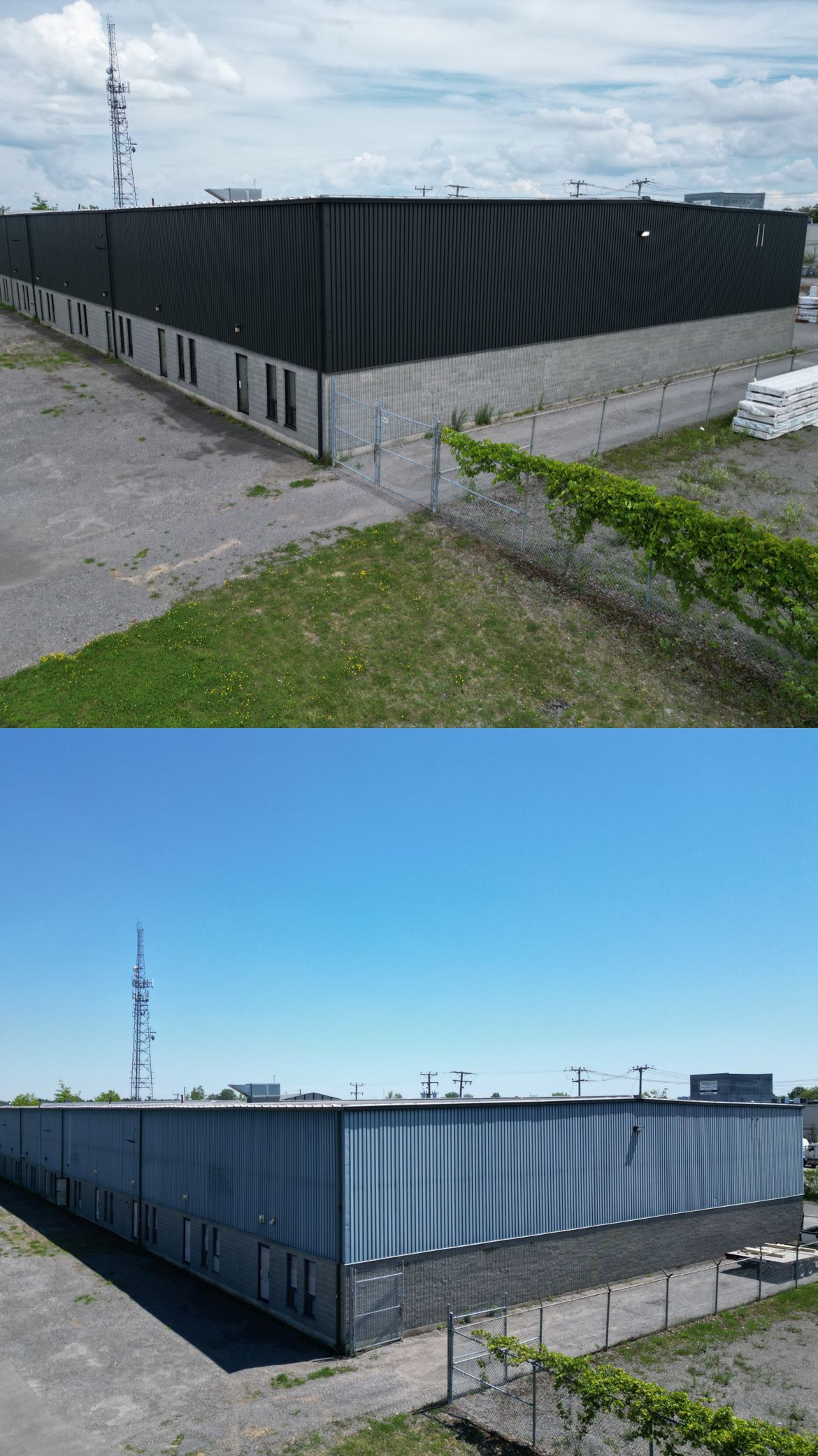 Une photo avant et après d'un grand bâtiment