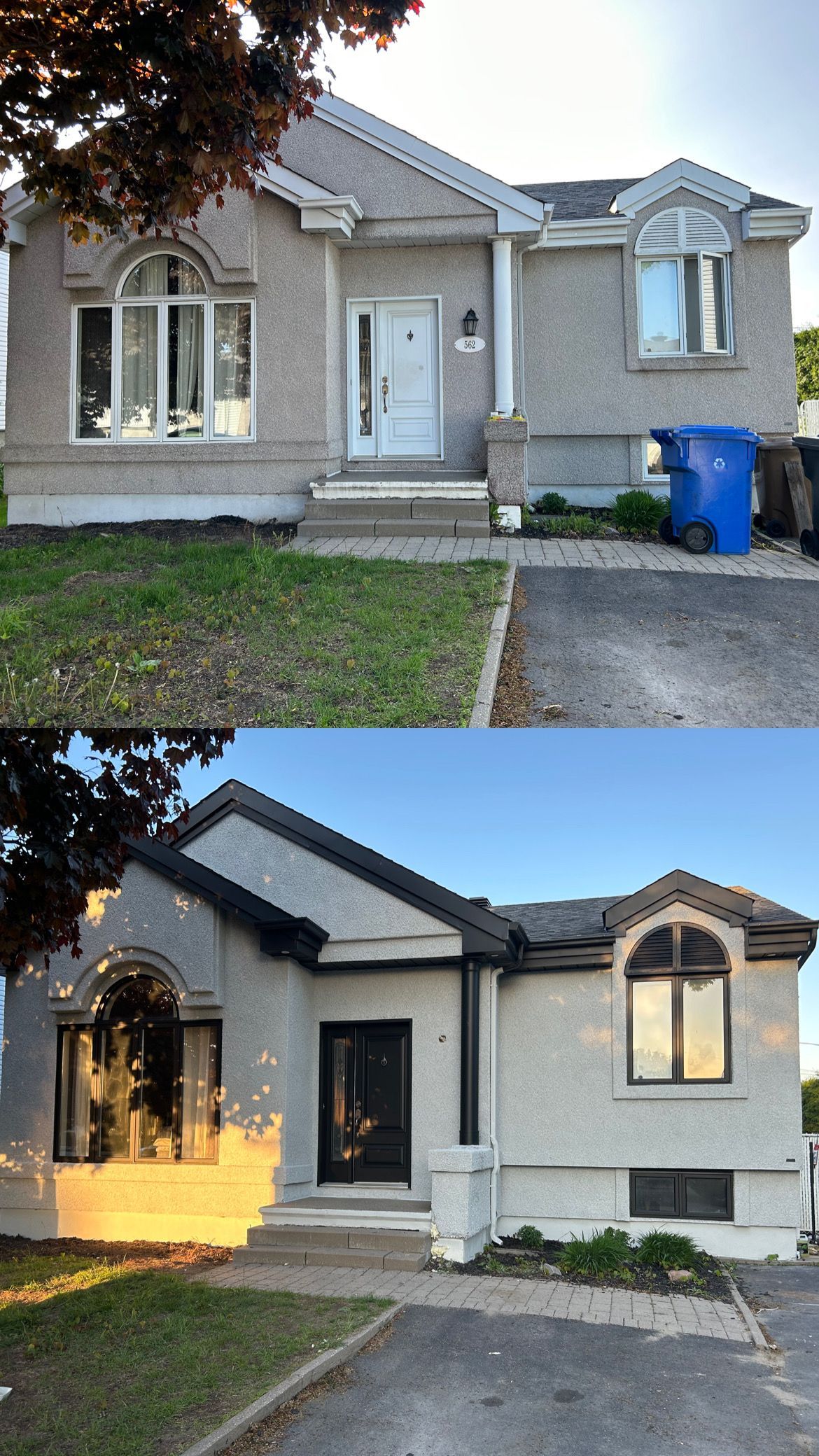 Il y a une photo avant et après d'une maison.