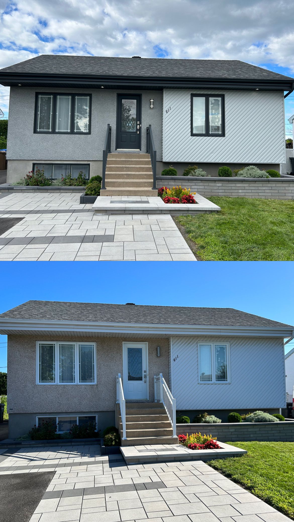 Deux photos d'une maison avant et après avoir été peinte en blanc.