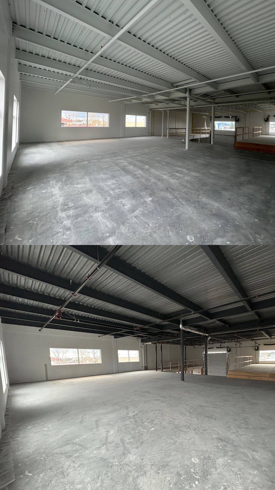 Une photo avant et après d'un grand entrepôt vide.