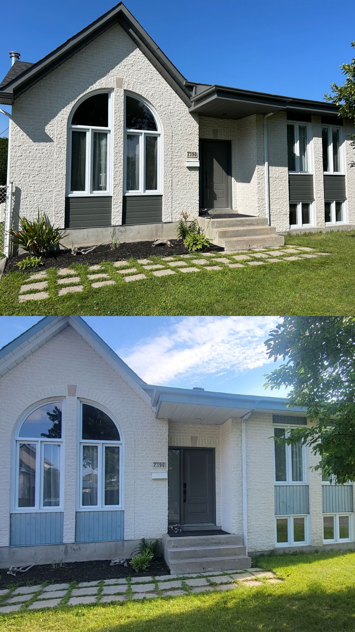 Une photo avant et après d'une maison qui a été peinte en blanc.