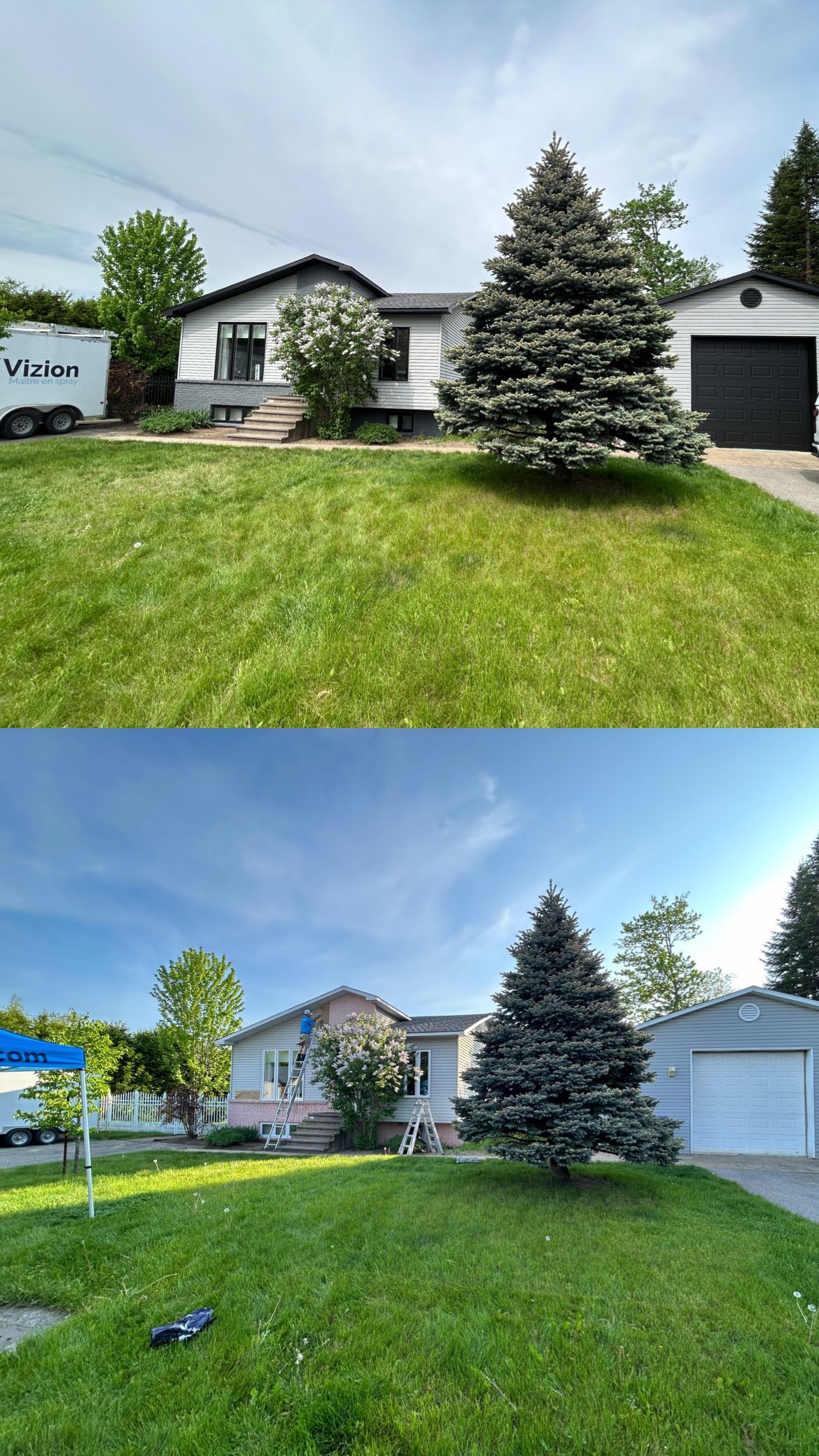 Une photo avant et après d'une pelouse et d'une maison.