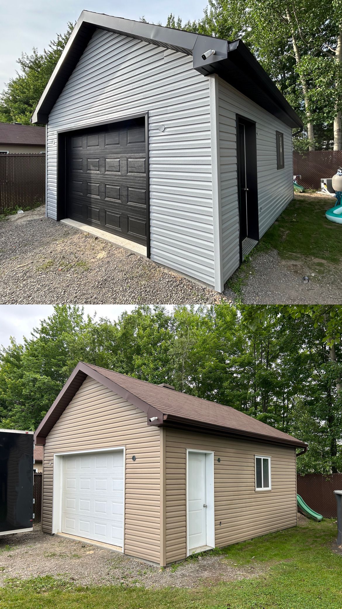 Un garage avant et après avoir été peint en blanc et marron.