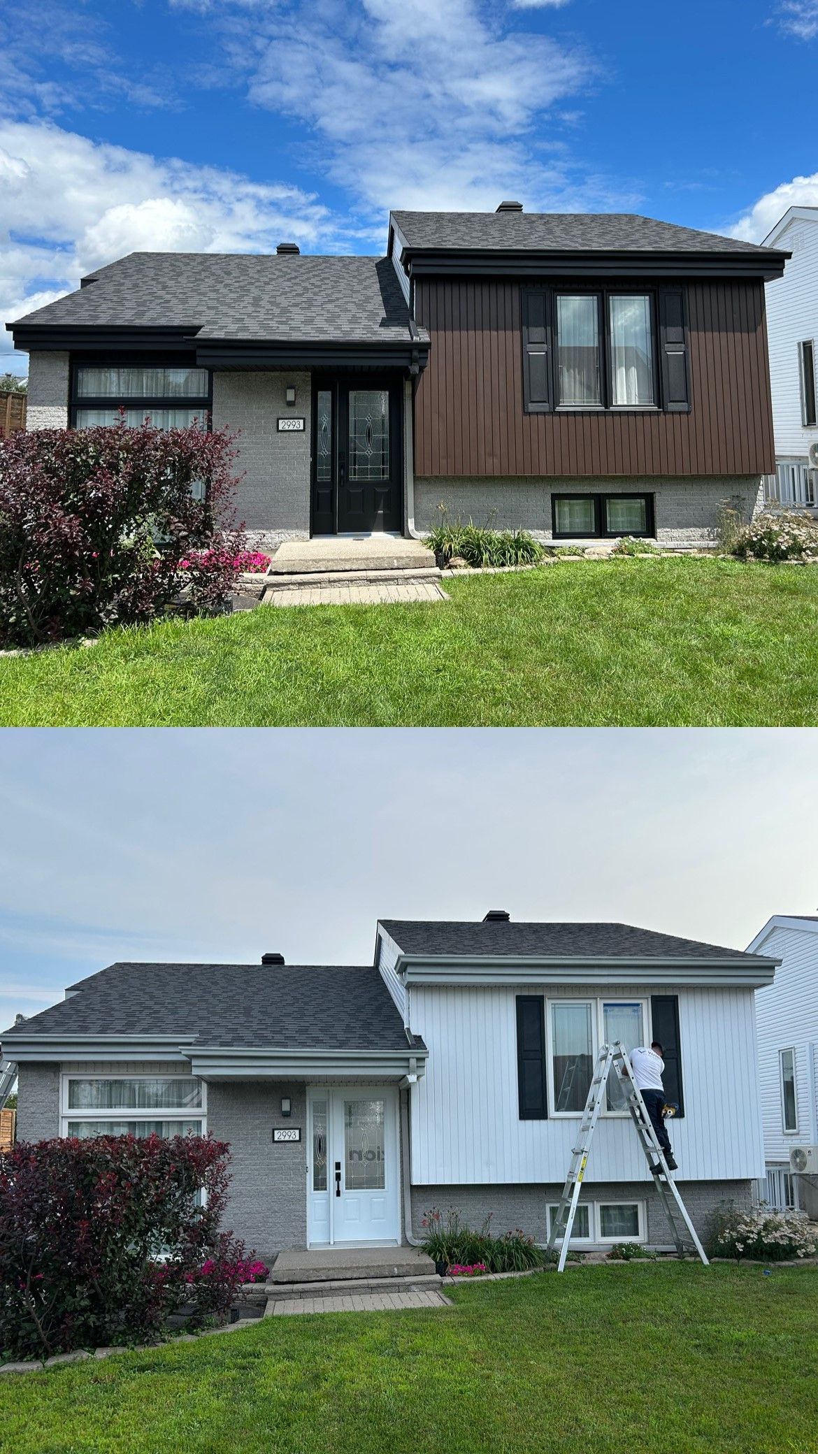 Une photo avant et après d'une maison en cours de peinture.