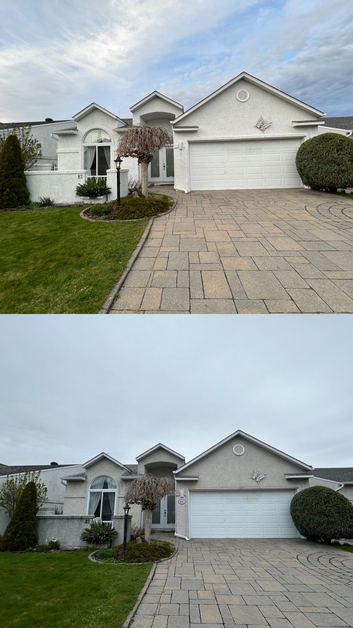 Une photo avant et après d'une maison avec une allée.