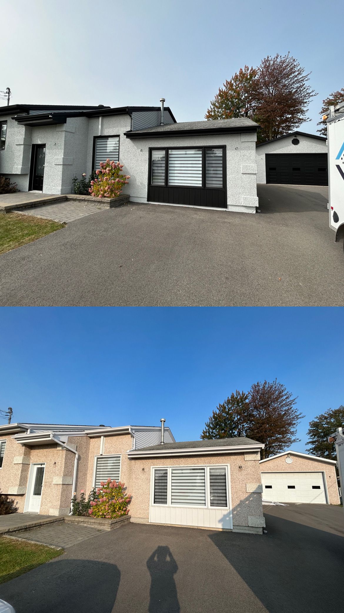 Une photo avant et après d'une maison avec garage.