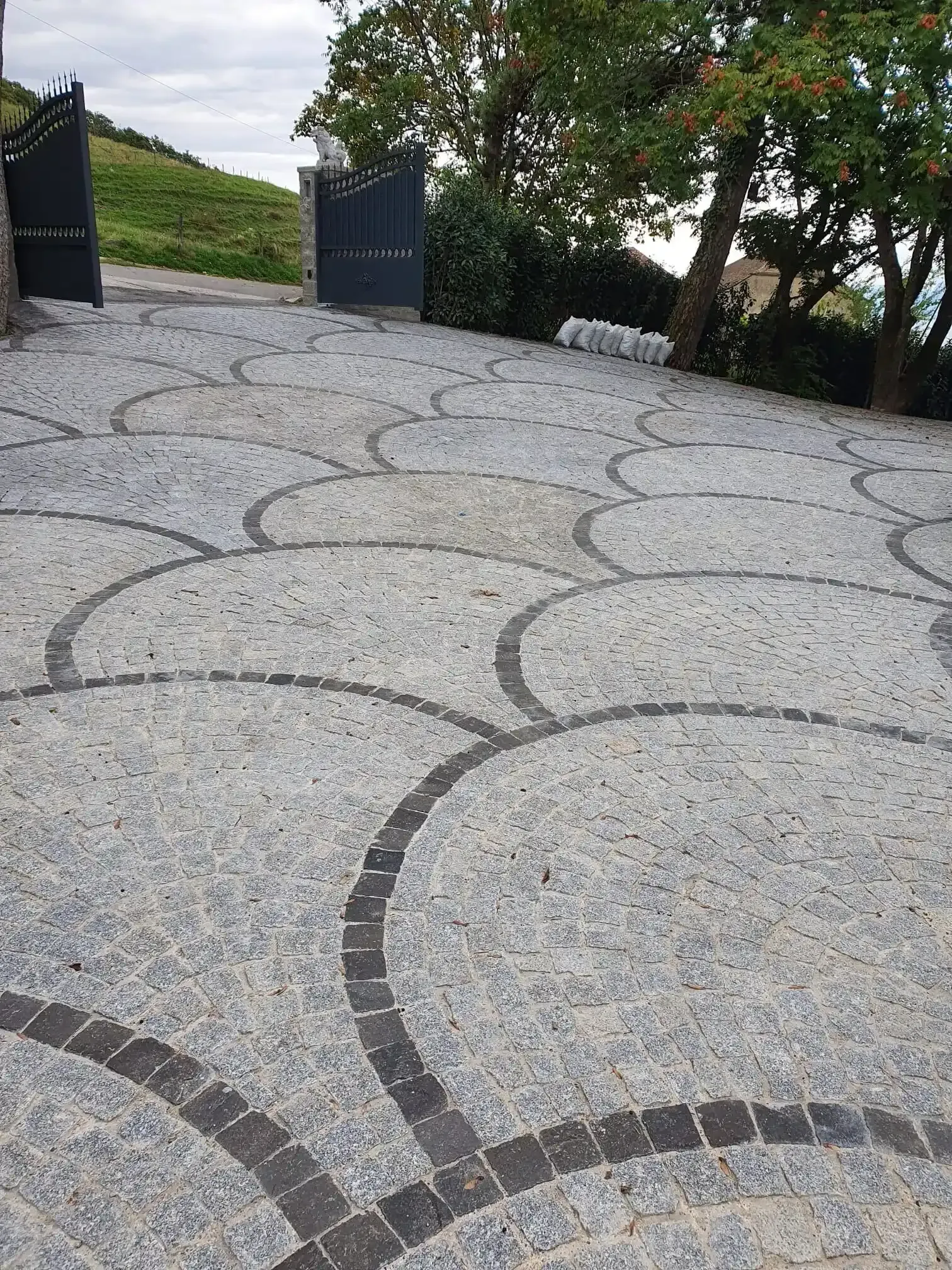 Une allée de gravier avec un portail noir et des arbres en arrière-plan