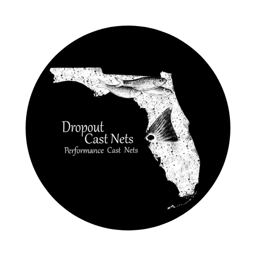A black and white logo for dropout cast nets performance cast nets.