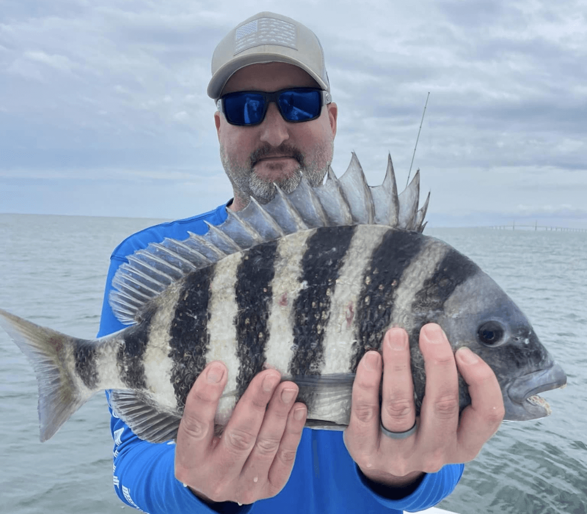 A man is holding a striped fish in his hands.