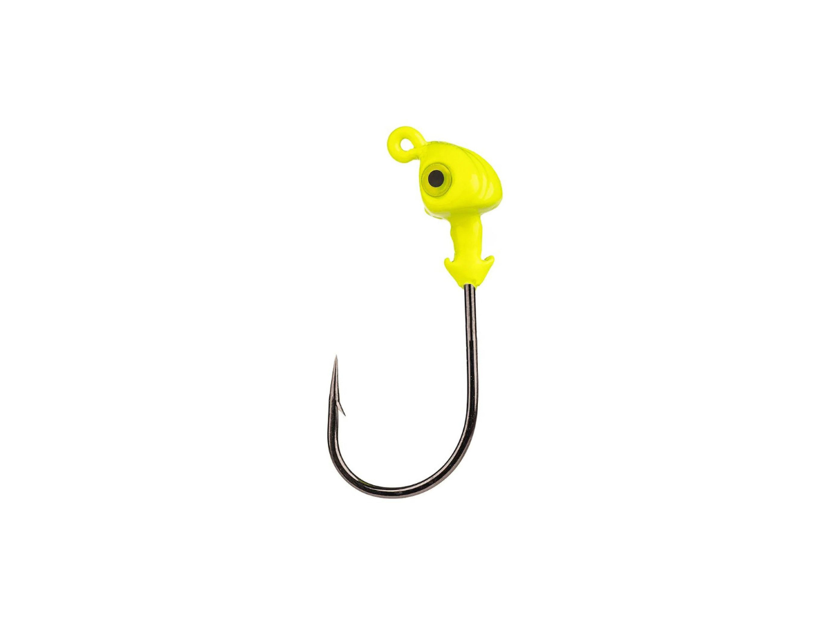 A yellow fishing hook with a yellow head on a white background.