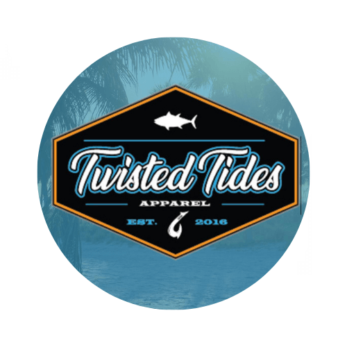A logo for twisted tides apparel with a fish on it