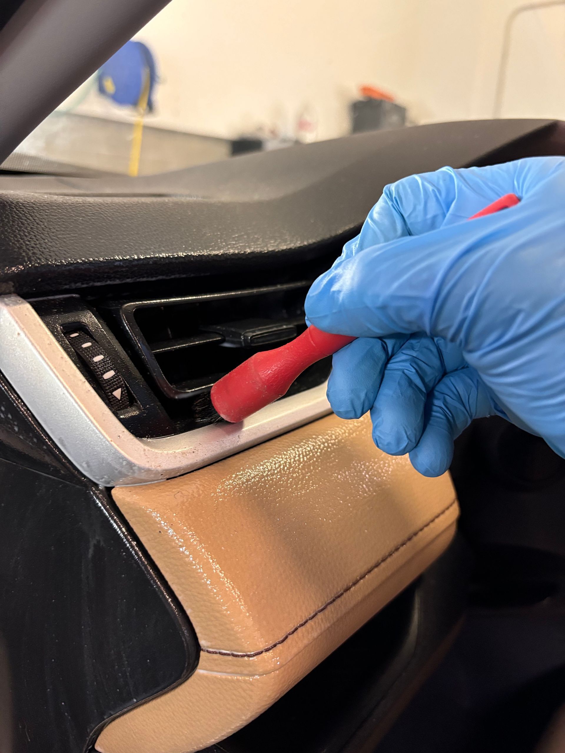 As part of the interior detailing process for vehicles in Utah County, Stokes Auto Spa uses steam to clean fabric surfaces like this seat.