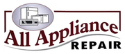 Logo for All Appliance Repair with appliance illustrations. Dark red text on a white background.