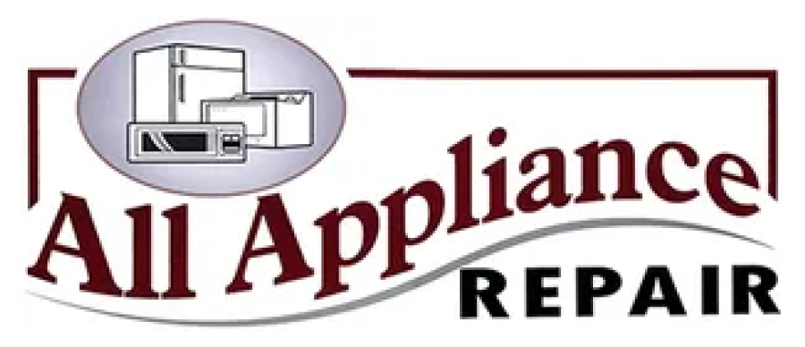 Logo for All Appliance Repair with appliance illustrations. Dark red text on a white background.