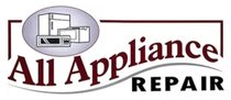 Logo for All Appliance Repair with appliance illustrations. Dark red text on a white background.