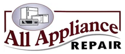 Logo for All Appliance Repair with appliance illustrations. Dark red text on a white background.