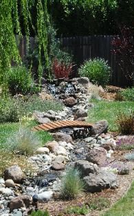 There is a small wooden bridge over a stream in the backyard.