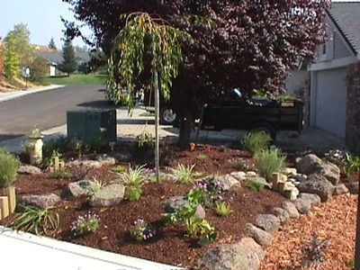 A garden with rocks and plants in front of a house