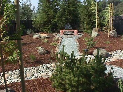 A path in a garden with rocks and trees