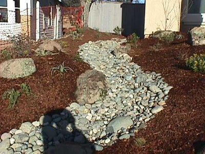 A stream of rocks runs through a garden in front of a house.
