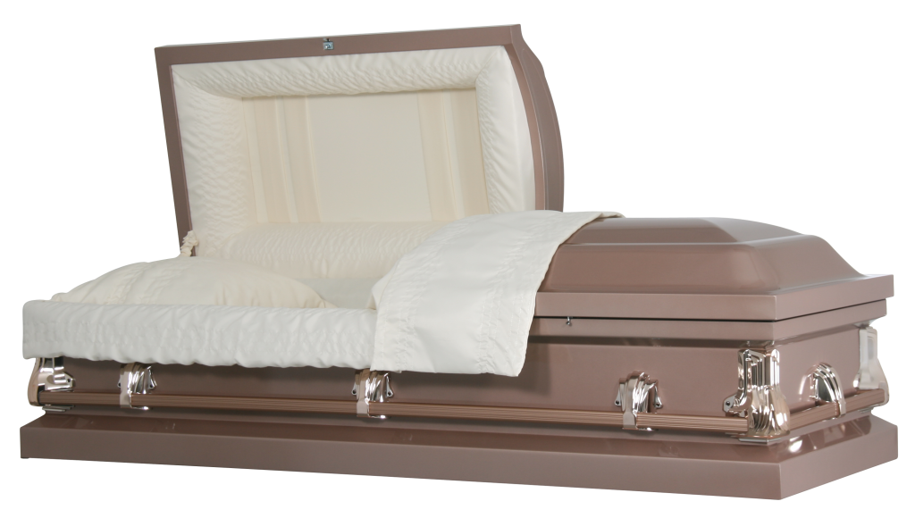 Open casket with beige lining and a white blanket covering the body.