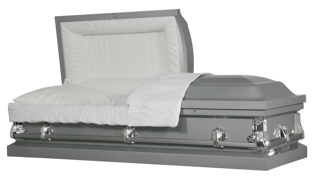 Silver coffin with white lining and raised lid, shown on a plain white background