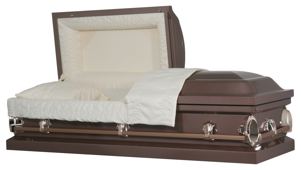 Open casket with white lining and cushion on a dark brown coffin