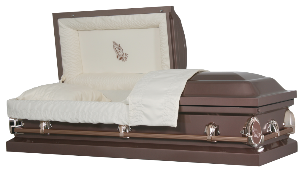 Open brown casket with cream interior lining and matching lid