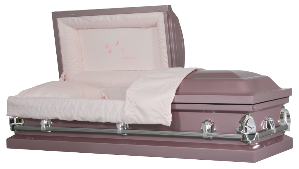Open pink casket with raised lid and white satin lining