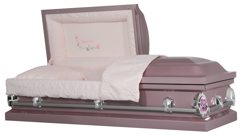 Pink open casket with padded lining and floral embroidery on a white background