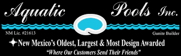 Logo for Aquatic Pools Inc. with black background, blue waves, and pool graphic, stating "New Mexico's Oldest, Largest & Most Design Awarded."