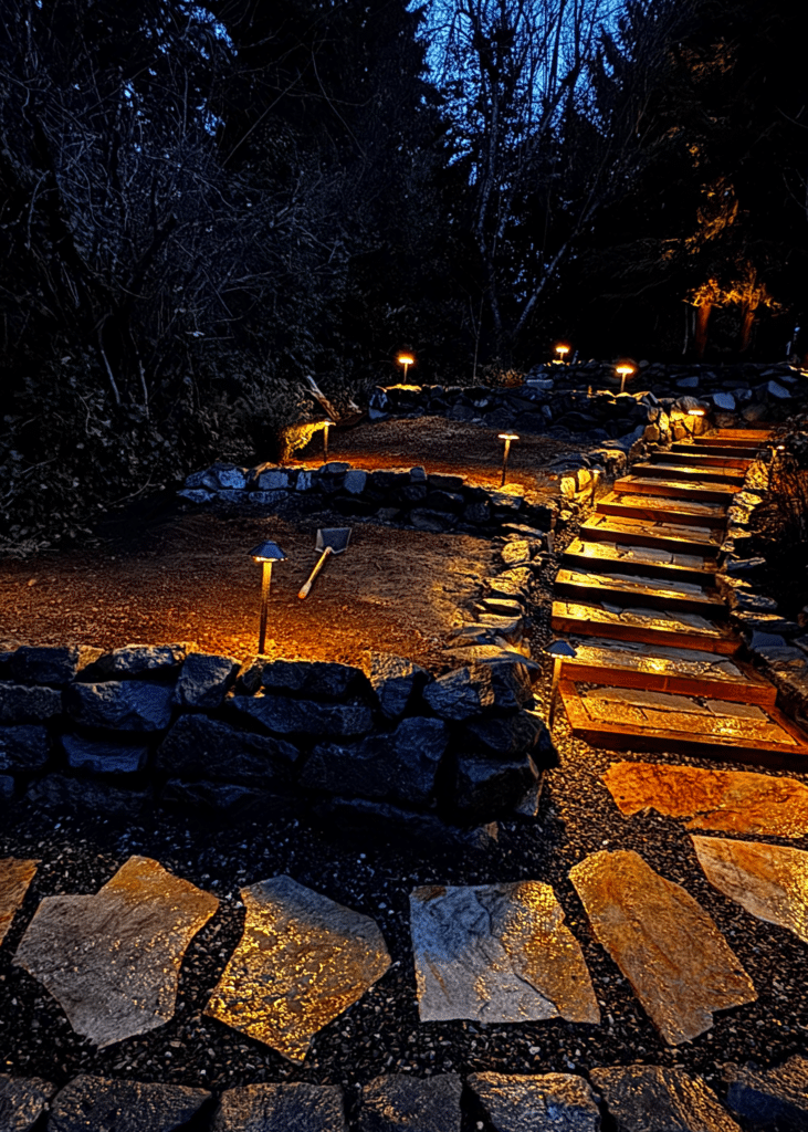 A stone walkway is lit up at night in a dark forest.