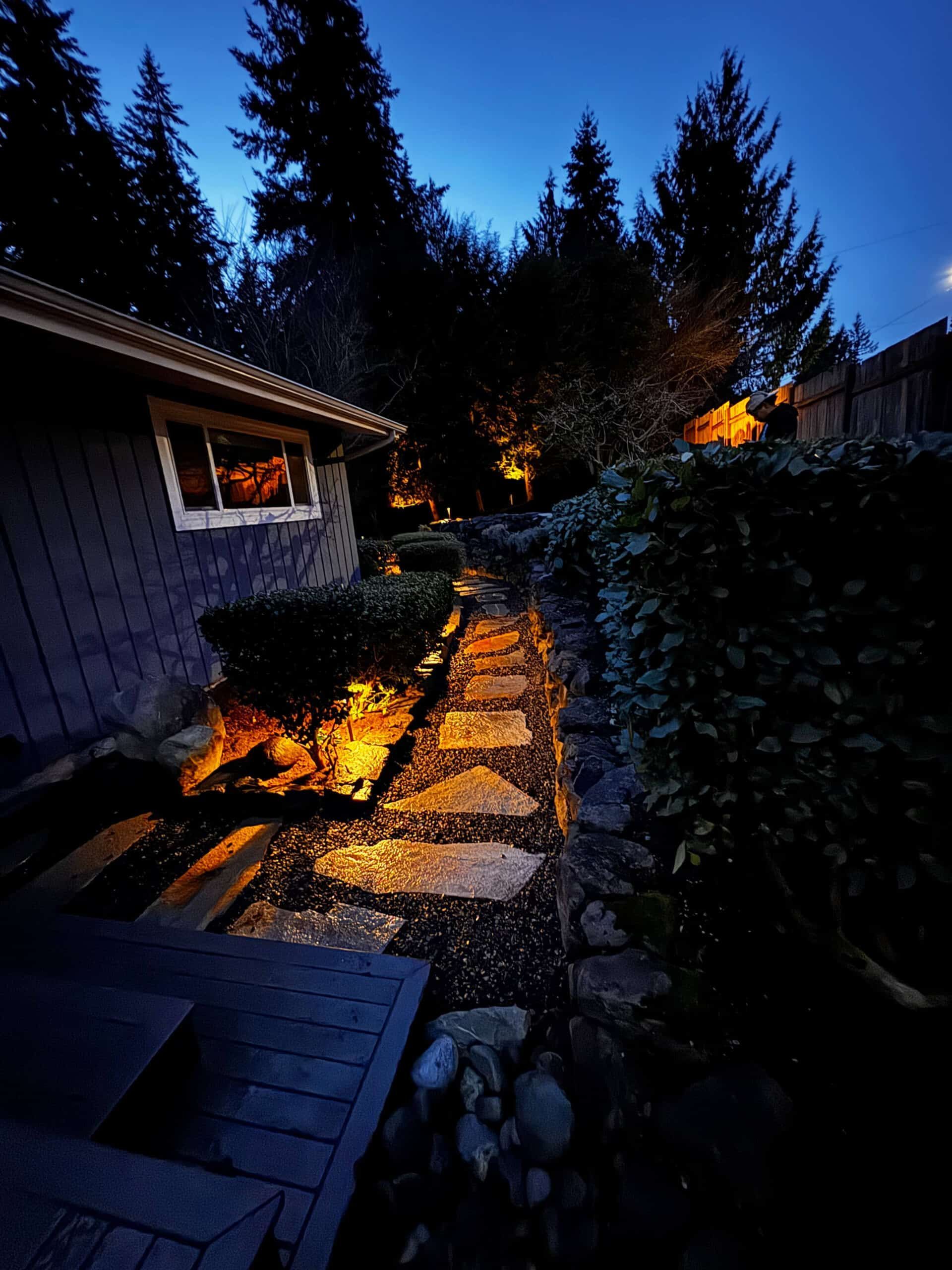 A path leading to a house is lit up at night