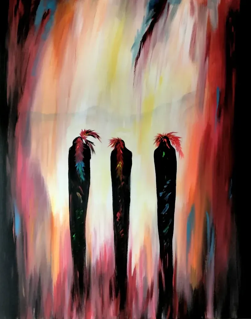 A painting of three people standing in front of a fire.