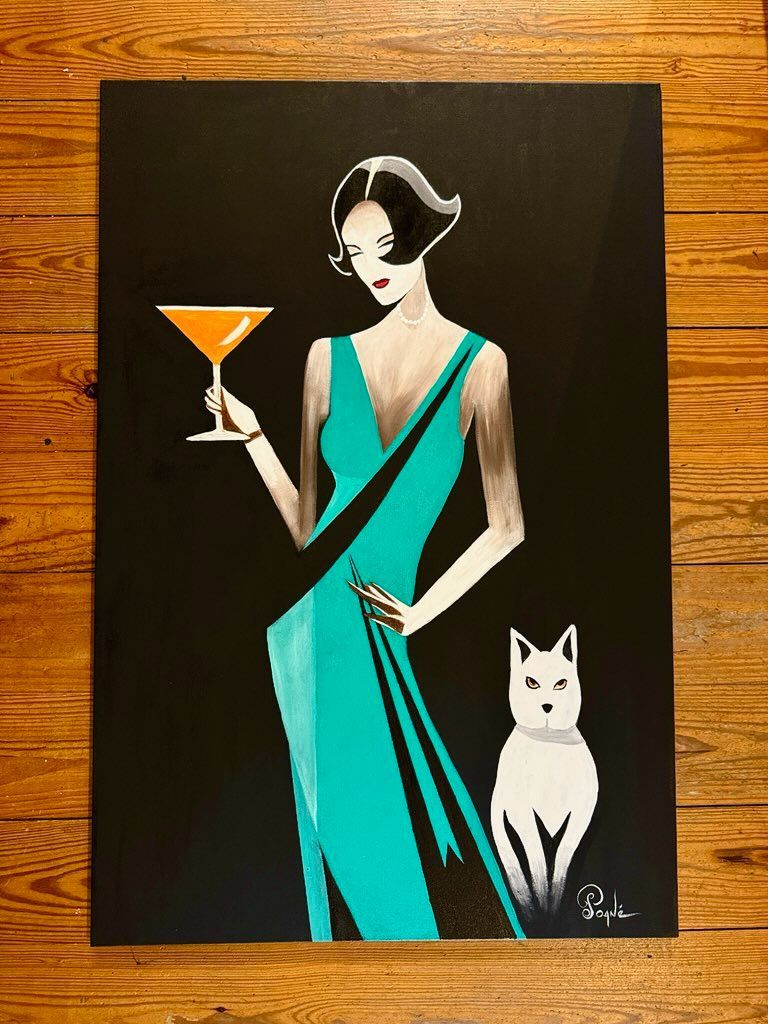 A painting of a woman holding a martini glass next to a cat.
