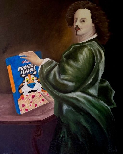A painting of a man holding a box of frosted flakes