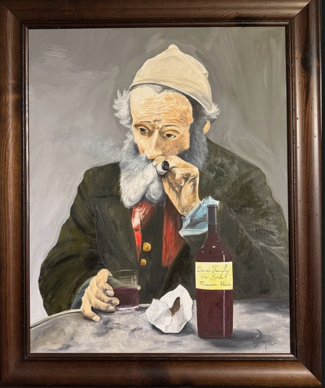 A paint of old man with his cigar framed