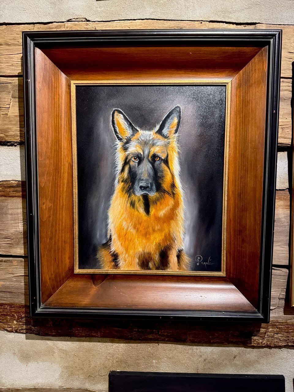 A framed painting of a german shepherd on a wooden wall