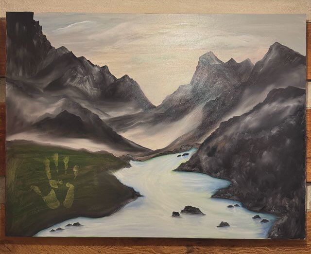 A painting of a river surrounded by mountains