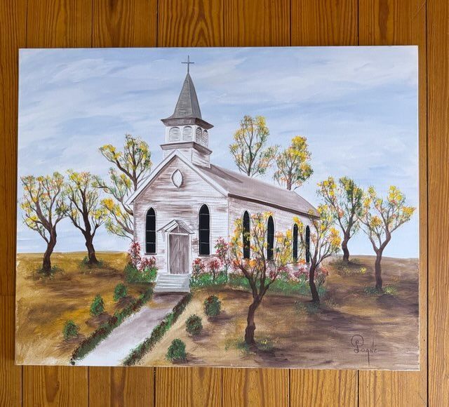 A painting of a church with trees in front of it