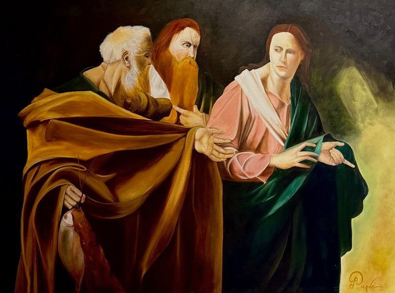A painting of two men and a woman with the letters r on the bottom