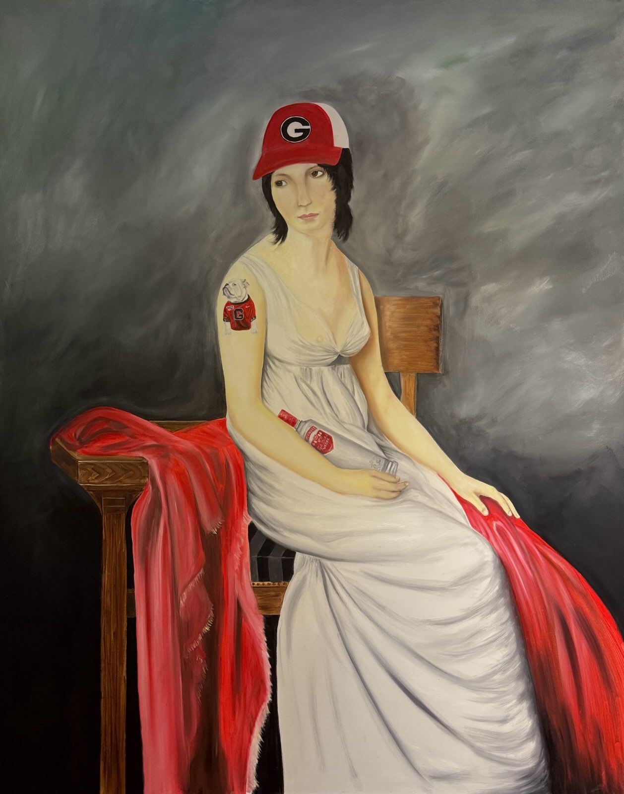 A painting of a woman wearing a baseball cap with the letter g on it