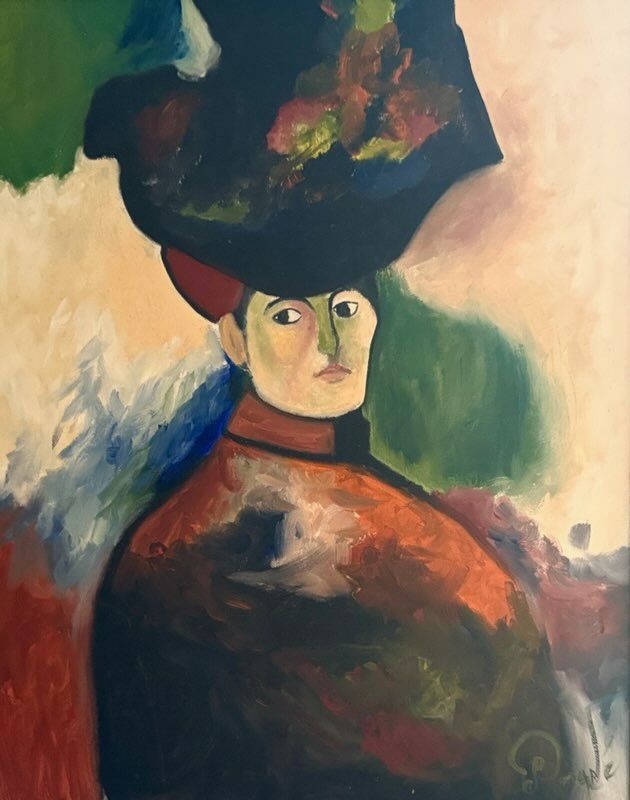 A painting of a woman with a hat on her head